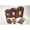 Image 1 : Three carved Indonesia masks and a carved wooden folding frame 19" X 28"