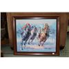 Image 2 : Framed acrylic on canvas painting of a horse race, no artist signature seen, 19 1/2" X 23 1/2"