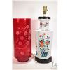 Image 1 : Vintage ruby flash cut to clear cylinder vase 15 1/2" in height and a hand painted porcelain table l
