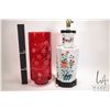 Image 2 : Vintage ruby flash cut to clear cylinder vase 15 1/2" in height and a hand painted porcelain table l