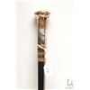 Image 1 : Antique walking stick with ebony black shaft, gold filled ornate topper and mother-of-pearl and orna