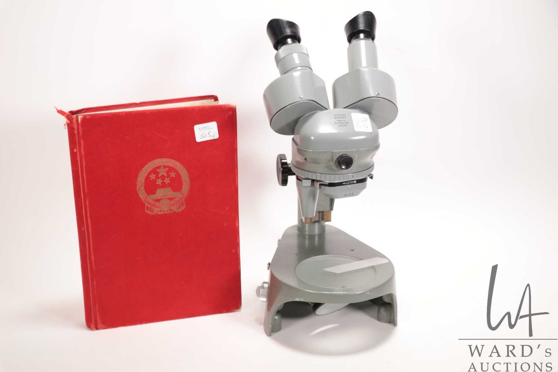 English Watson Barney stereo microscope and a vintage stamp album ...