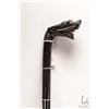 Image 1 : Vintage horn walking stick with hand carved dragon's head, inset eyes and tongue and metal banding, 