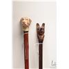 Image 1 : Two walking sticks including hand carved Alsatian 34 1/2" in height, note: missing lower jaw and a f