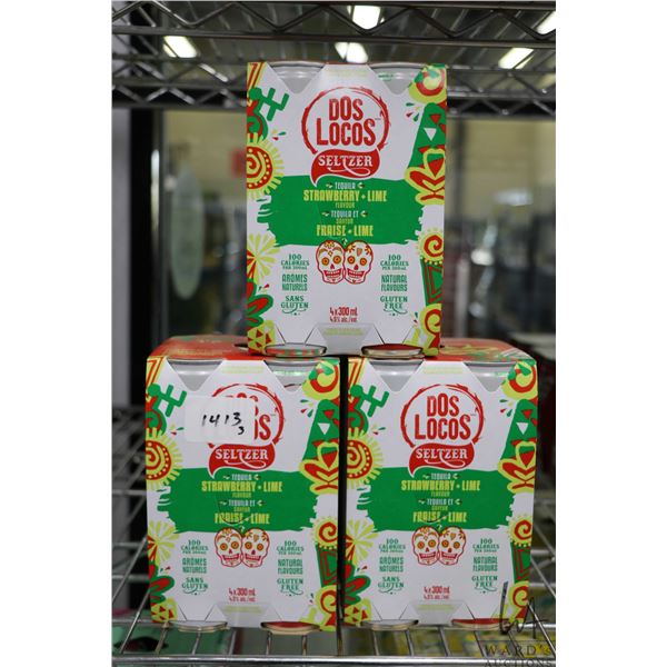Three 4 count packs of Dos Locos Seltzer Tequila Strawberry Lime cans 12 count x 300ml/ 4.5% ABV  No