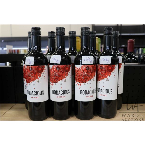 Nine bottles of Bodacious Shiraz 750ml / 12.5% ABV  Note: Alcohol cannot be insured by any courier i