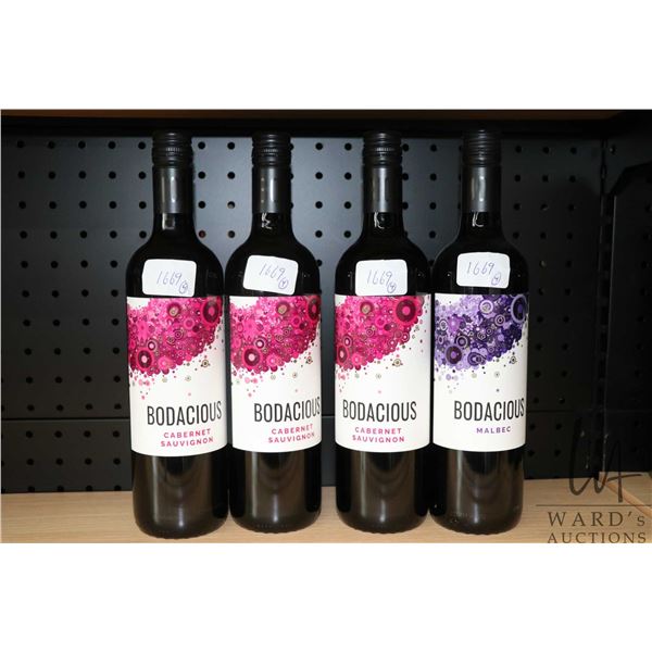 Four bottles of Bodacious wine including three Cabernet Sauvignon / 750ml / 13.0% ABV and one Malbec