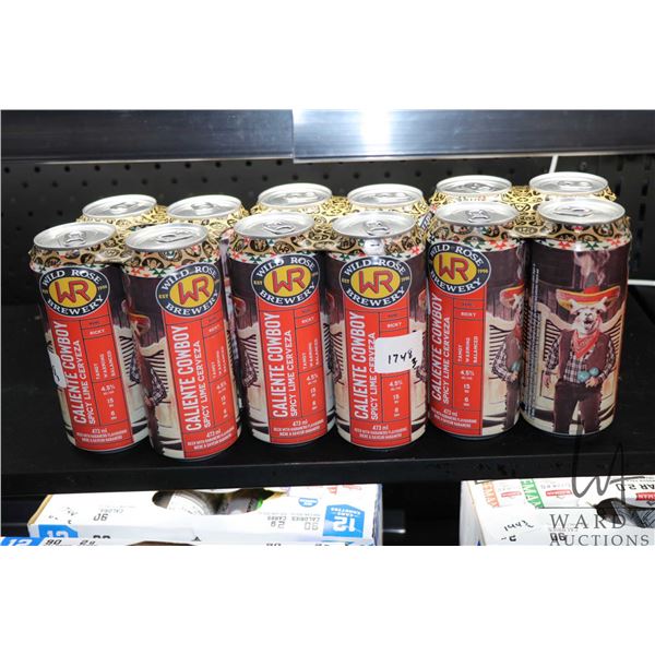 Twelve cans of Wild Rose Brewery Caliente Cowboy Spicy Lime Cerveza beer 473ml / 4.5% ABV  Note: Alc