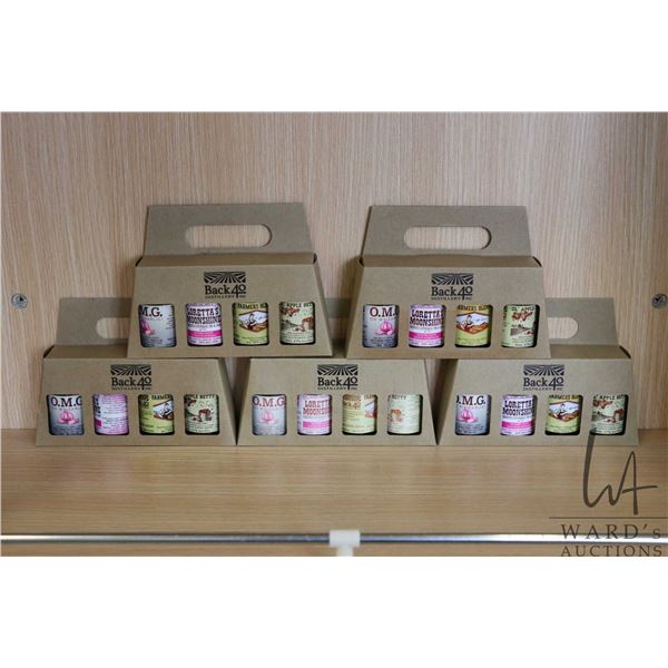 Five packs of assorted Back 40 Distillery Inc liquors including O.M.G Garlic vodka 50ml / 40% ABV, L