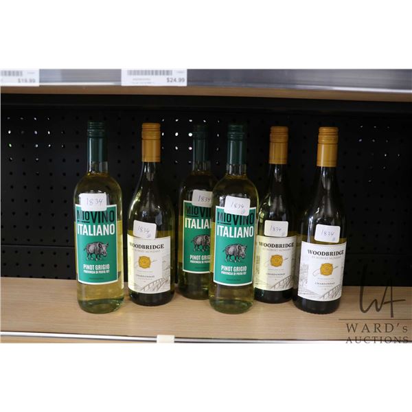 Six bottles of assorted wine including three bottles of MioVino Italiano Pinto Grigio 750ml, and thr