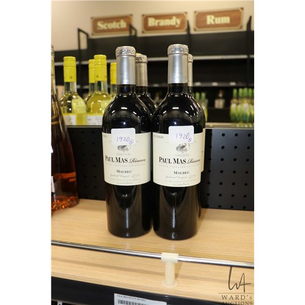 Four bottles of Paul Mas Reserve Malbec 2019 750ml  Note: Alcohol cannot be insured by any courier i