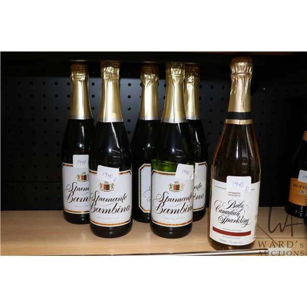 Six bottles of assorted wines including five Spumante Bambino, and one Andres Baby Canadian Sparklin