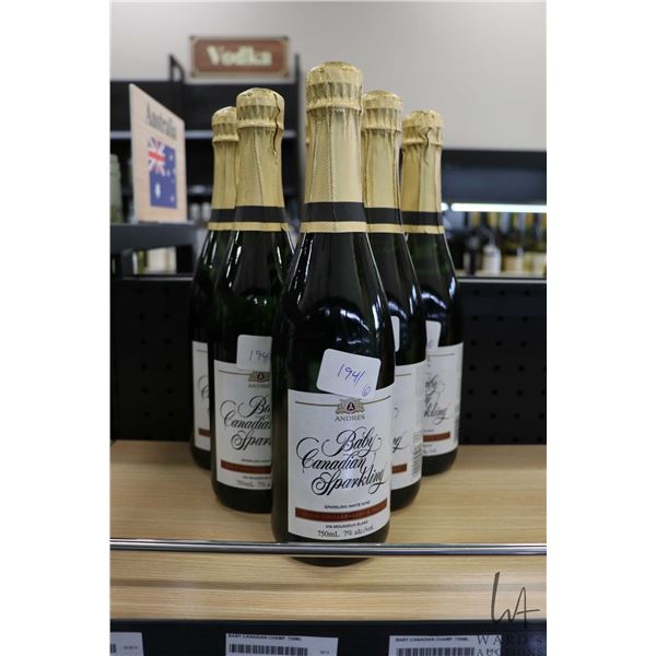 Six bottles of Andres Baby Canadian Sparkling white wine 750ml / 7% ABV  Note: Alcohol cannot be ins