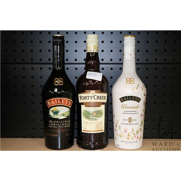 Three bottles of assorted liquors including one Baileys Original 750ml / 17% ABV, one Forty Creek Cr