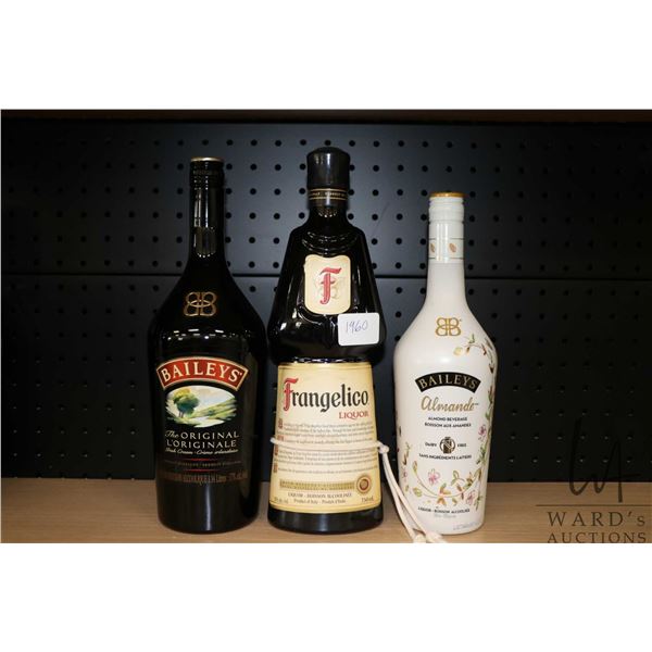 Three bottles of assorted liquors including one Baileys Original 750ml / 17% ABV, one Frangelico Liq