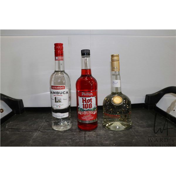 Three assorted bottles of liquor including one Luxardo Sambuca 750ml, one Phillips Hot 100 Cinnamon 