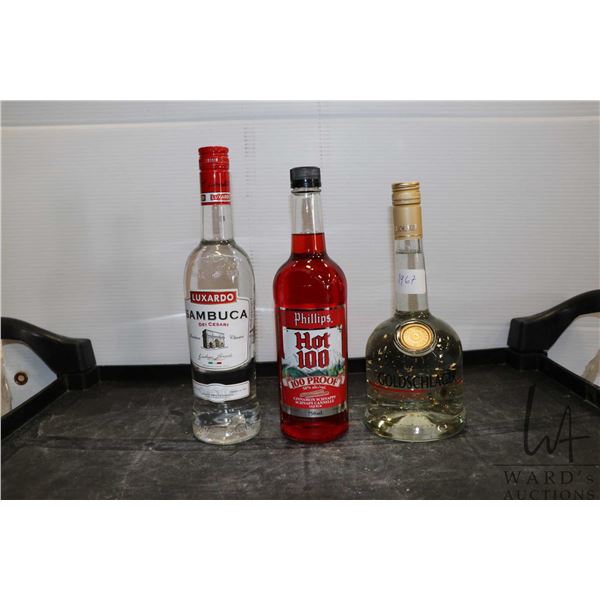 Three assorted bottles of liquor including one Luxardo Sambuca 750ml, one Phillips Hot 100 Cinnamon 
