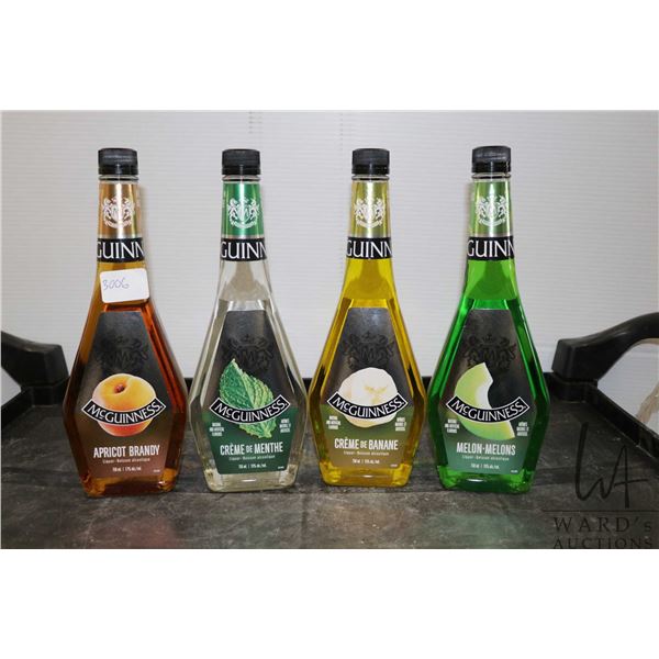 Four assorted bottles of McGuiness liquor including one Melon 750ml / 15% ABV, one Creme De Menthe 7