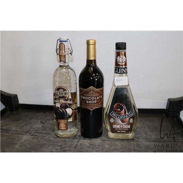 Three assorted bottles of liquor including one 360 Double Chocolate Flavoured Vodka 750ml / 35% ABV,