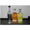 Image 1 : Three assorted bottles of vodka including one T-Rex Vodka 750ml / 40% ABV, one Absolut Mandrin 750ml