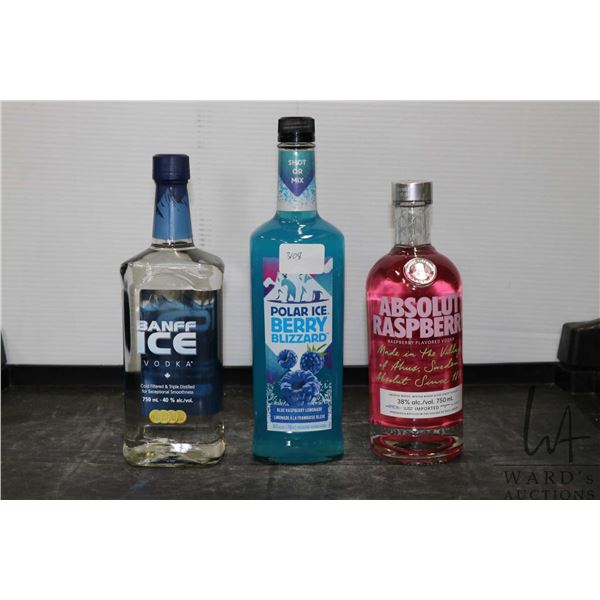 Three assorted bottles of vodka including one Banff Ice Vodka 750ml / 40% ABV, one Polar Ice Blizzar