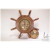 Image 1 : Ships compass paperweight, a ship's wheel with mounted clock, not working at time of cataloguing
