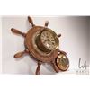 Image 2 : Ships compass paperweight, a ship's wheel with mounted clock, not working at time of cataloguing