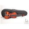 Image 1 : Unmarked 3/4 size violin. Recent work includes bridge installed and tuning. Includes black case, not