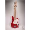Image 1 : Squire Bronco bass guitar. Fire engine red, sprung bridge, four string, short scale. Note: Missing c