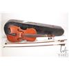 Image 1 : Unmarked 4/4 violin. Includes two bows, extra bridge and a black wooden case with blue felt lining. 
