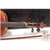 Image 3 : Unmarked 4/4 violin. Includes two bows, extra bridge and a black wooden case with blue felt lining. 