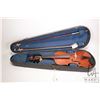 Image 9 : Unmarked 4/4 violin. Includes two bows, extra bridge and a black wooden case with blue felt lining. 