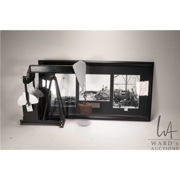 Home made model pump jack 19" in height and a collage of vintage oil scenes labeled "Imperial Red Wa