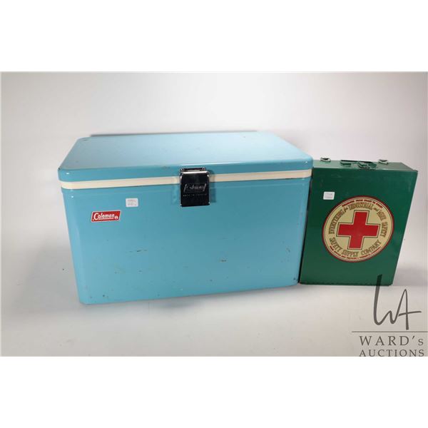 Vintage Coleman cooler with original tray and a empty metal safety supply box