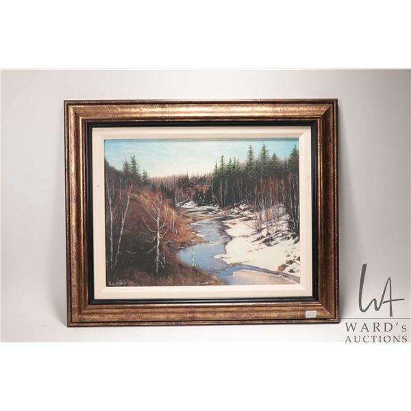 Framed limited edition print of a forested river in winter, 2/ 250, by artist Lorraine Oberg, overal