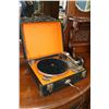 Image 1 : Vintage portable wind up phonograph, working at time of cataloguing, note: need needle