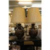 Image 1 : Pair of vintage glazed pottery lamps with decorative bulbous bases and cloth shades, each 34" in hei