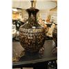 Image 2 : Pair of vintage glazed pottery lamps with decorative bulbous bases and cloth shades, each 34" in hei