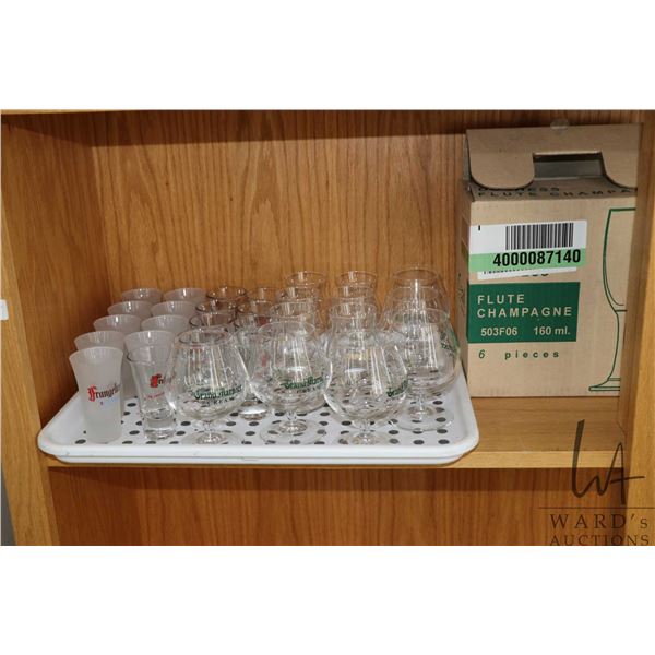 Shelf lot of wine and liqueur glasses and accessories including set of six new in box Duchess Champa