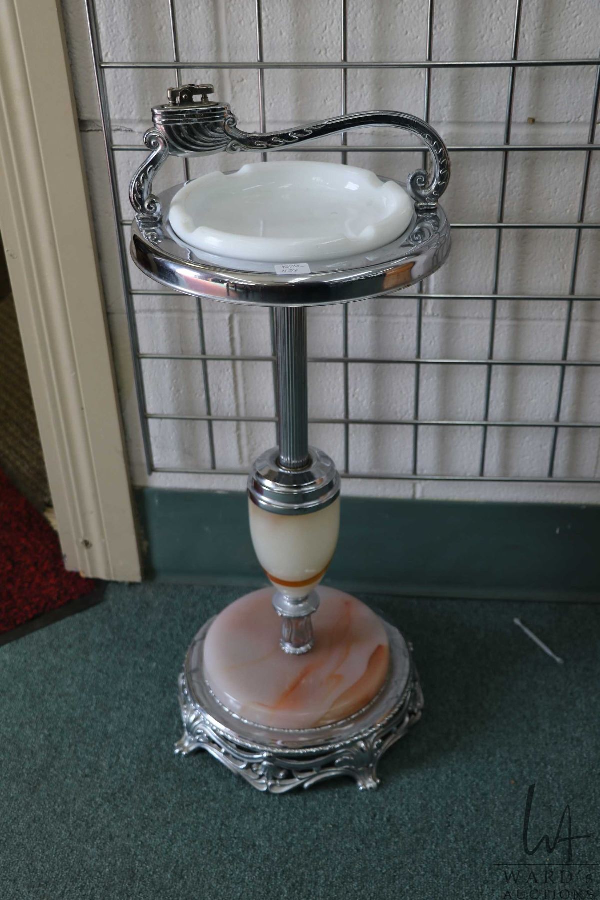 Antique chrome and onyx floor standing ash stand with milk glass ...