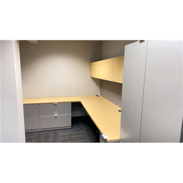 NATURAL & GREY OFFICE DESK SYSTEM WITH WALL MOUNT CABINET, LATERAL FILING CABINETS AND
