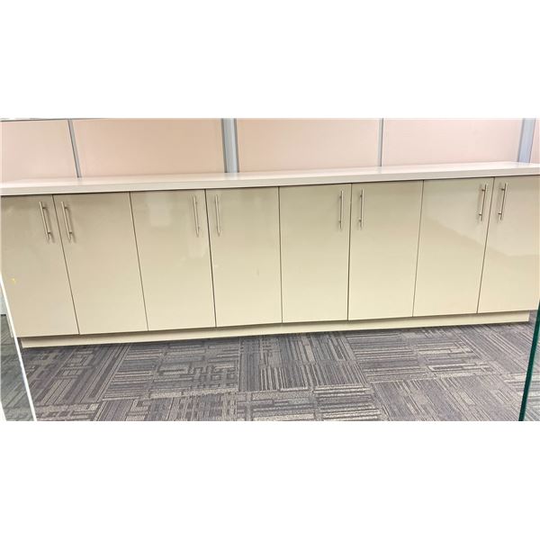 2 TONE GREY LAMINATE TOP 4 DOOR STORAGE CABINET - APPROX.10FT ACROSS X 1 3/4FT WIDE X 3FT HIGH