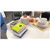 Image 2 : GROUP OF ASSORTED MISCELLANEOUS - INCLUDES DISHES, BOOKS, LIGHT FIXTURE AND OFFICE ITEMS