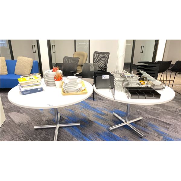 ROUND WHITE TOP TABLE W/CHROME FINISH BASE - APPROX. 4FT DIAMETER X 2 1/2FT HIGH