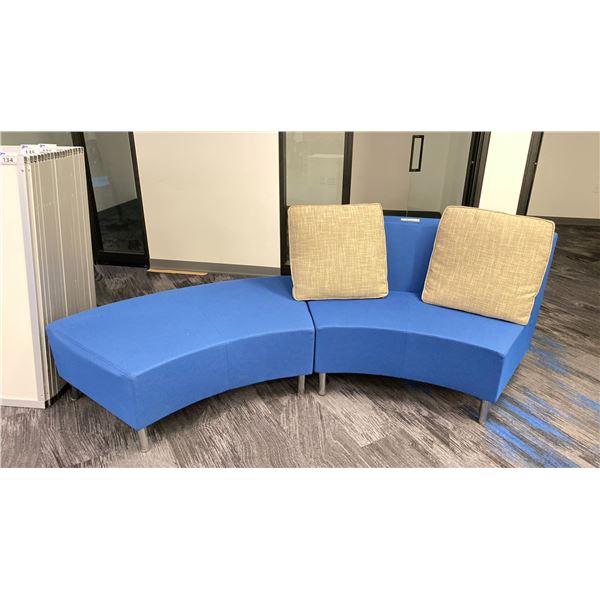 BLUE 2 PCS. CRESCENT SHAPED SOFA WITH 2 BEIGE THROW CUSHIONS