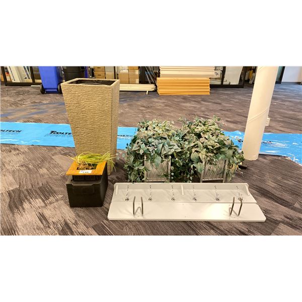 GROUP OF ARTIFICIAL PLANTS. PLANTERS, AND COAT RACKS