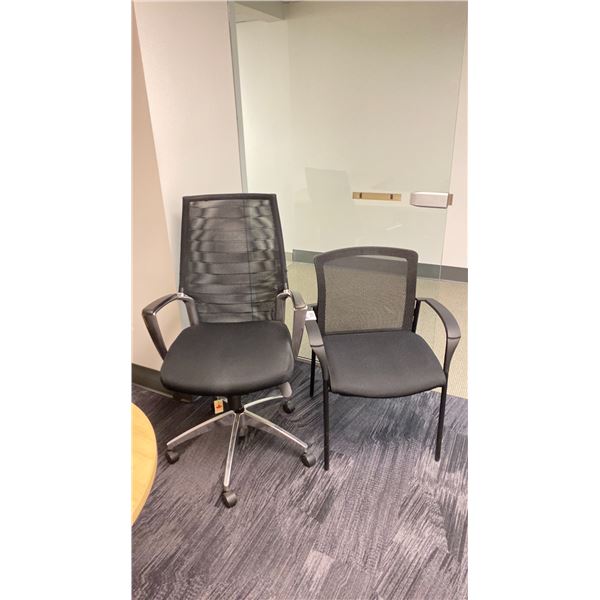 BLACK ADJUSTABLE OFFICE CHAIR AND BLACK CLIENT CHAIR
