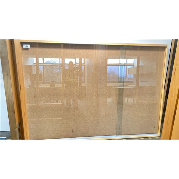 WALL MOUNT WOOD FRAMED SLIDING GLASS DOOR FRONT BULLETIN BOARD DISPLAY CASE