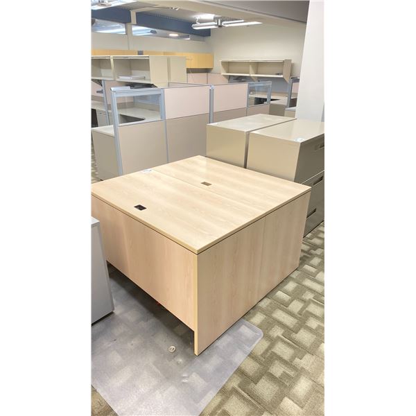 2 NATURAL FINISH DESK/PRINTER TABLES - EACH MEASURES APPROX. 4FT ACROSS X 2FT WIDE X 2 1/2FT HIGH
