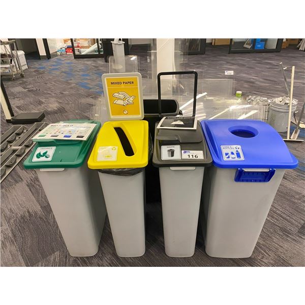 GROUP OF 4 COLOR CODED ASSORTED RECYCLING BINS